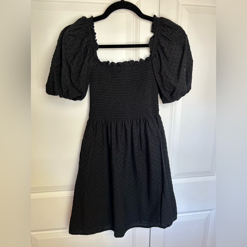 Black Smocked Puff Sleeve Mini Dress